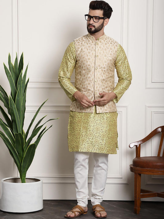 Sojanya Men Lime Green Ethnic Motifs Printed Kurta with Pyjamas & Nehru Jacket | Swadesiicart