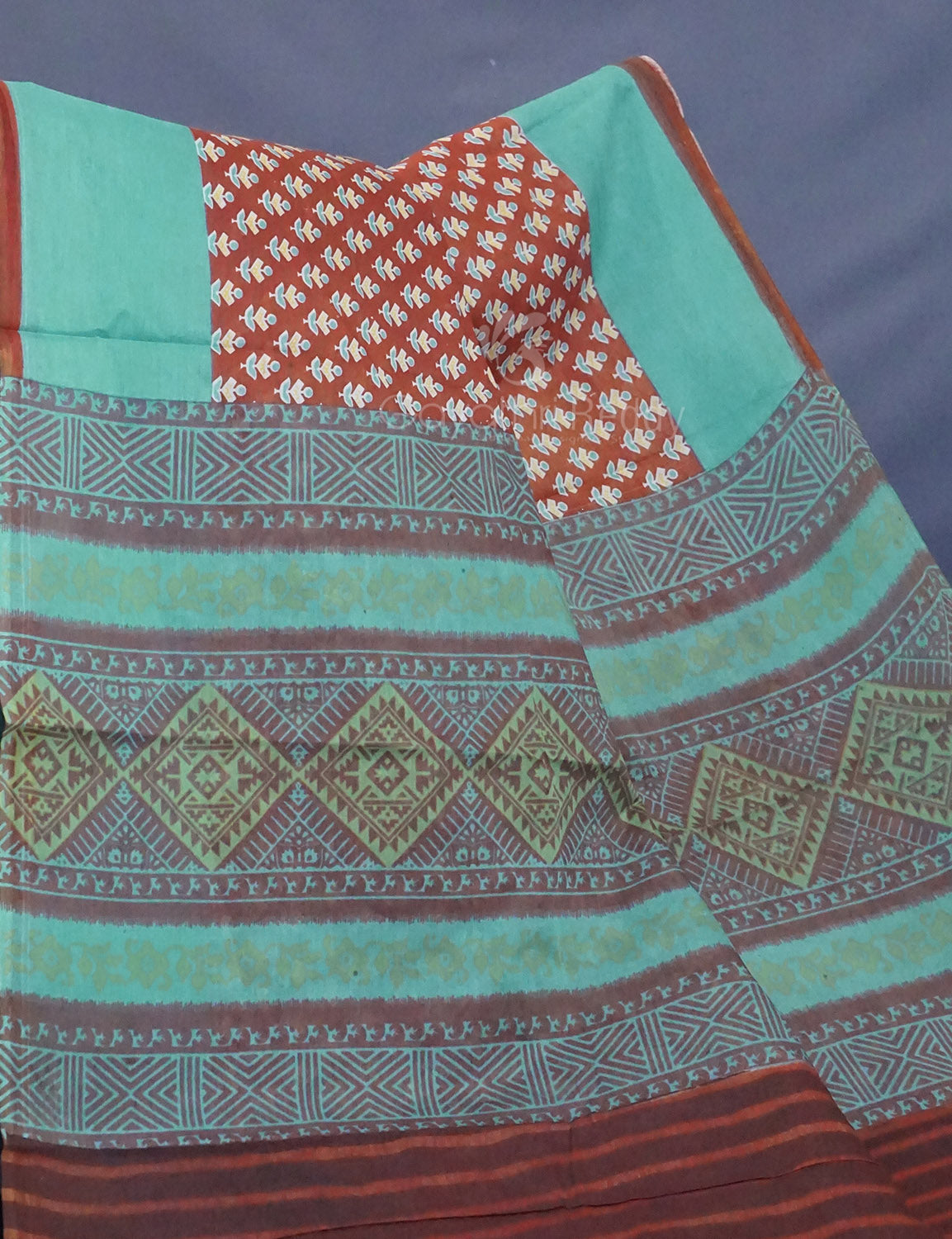 Rust Colour Bagroo Print Pure Mulmul Cotton Saree By Gayathri Reddy Designer Studio | Swadesiicart