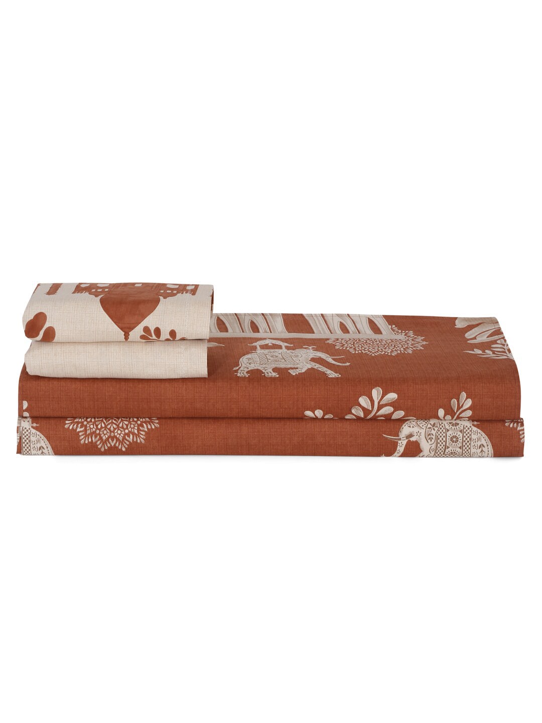 Rajasthan Decor Rust & Cream Printed Cotton 160 TC King Bedsheet with 2 Pillow Covers - Swadesiicart