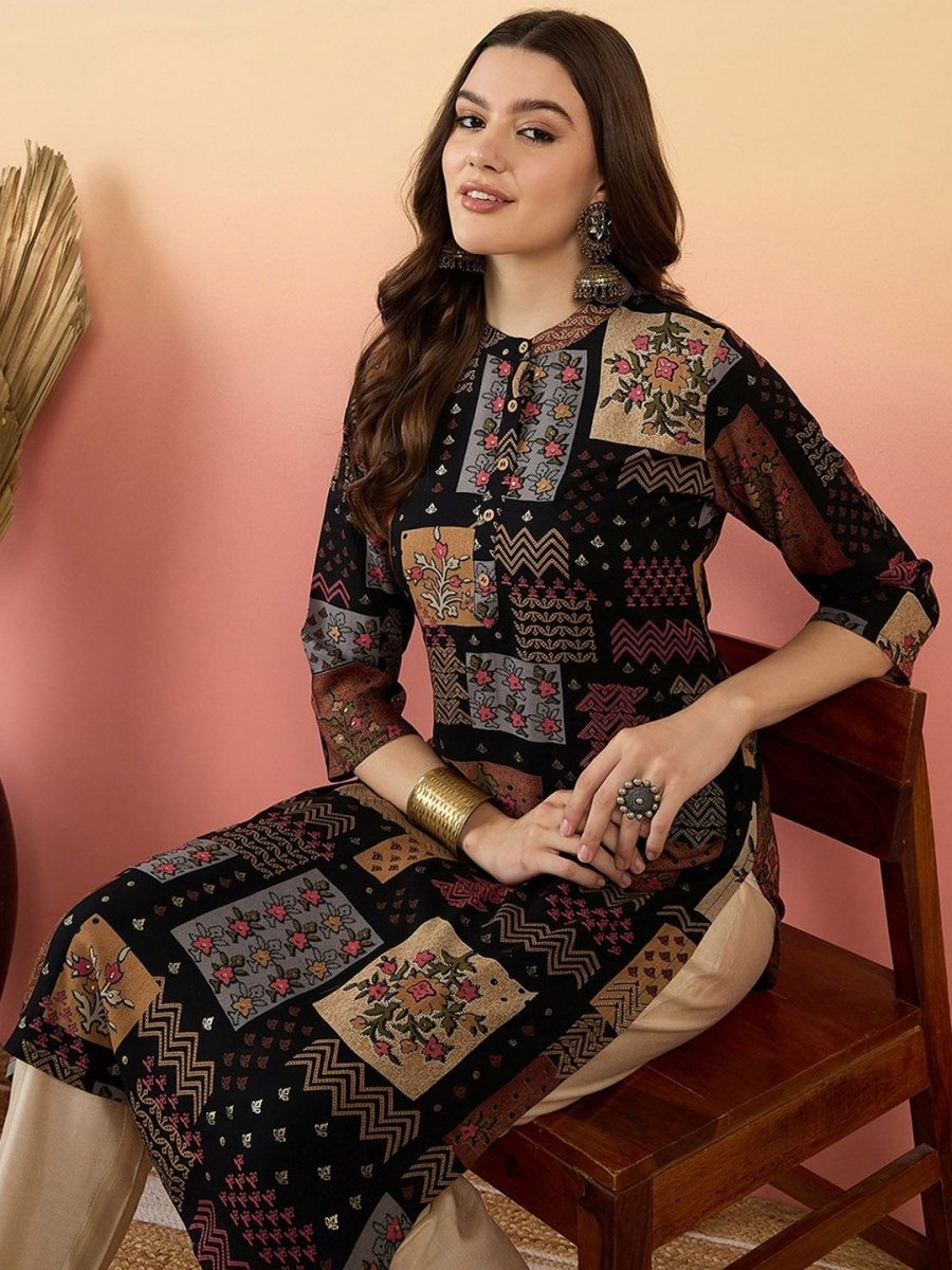Anouk Ethnic Motifs Printed Beads And Stones Mandarin Collar A-Line Kurta - Swadesiicart
