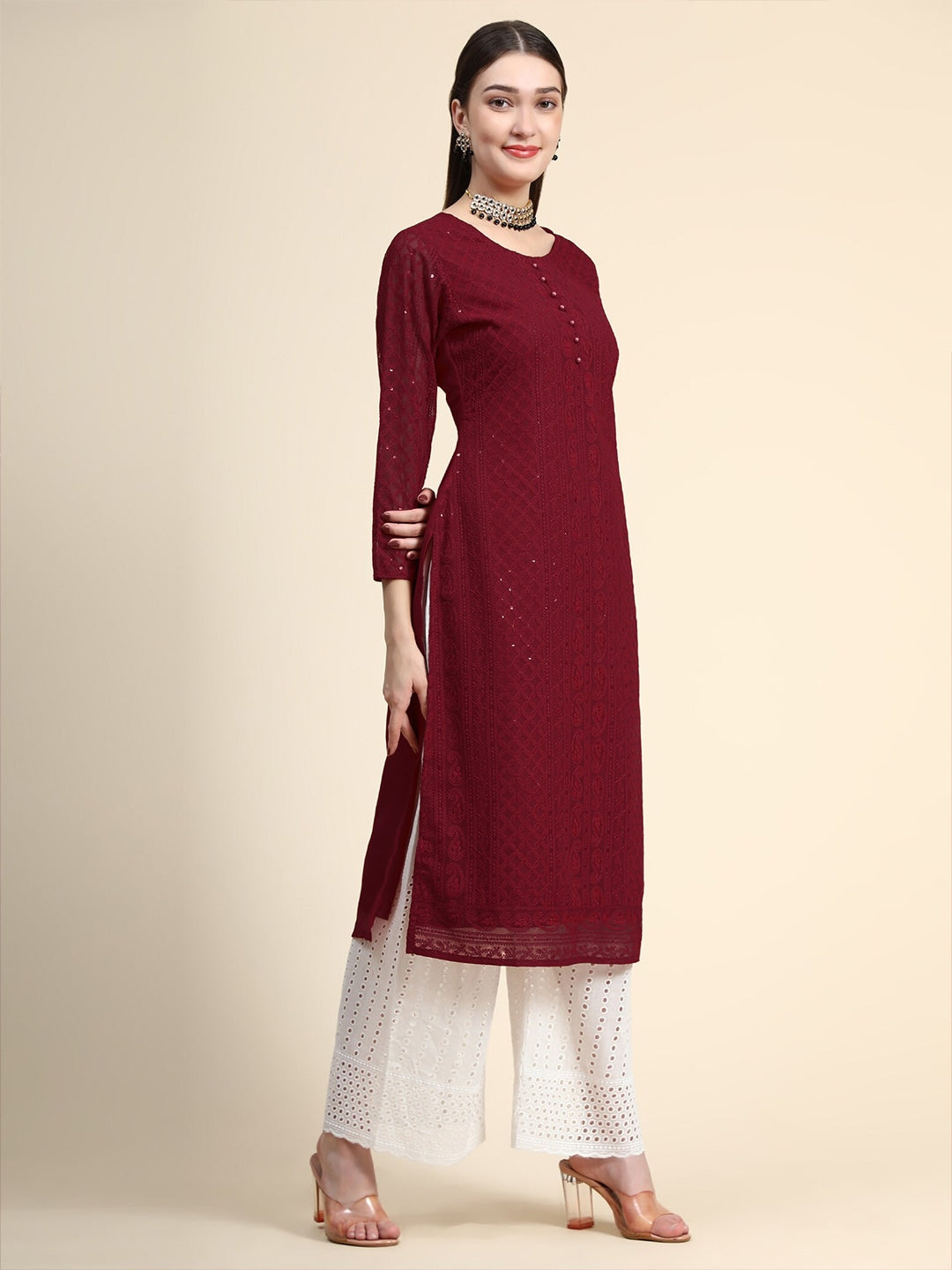 Kalini Paisley Embroidered Chikankari Georgette Straight Regular Kurta | Swadesiicart