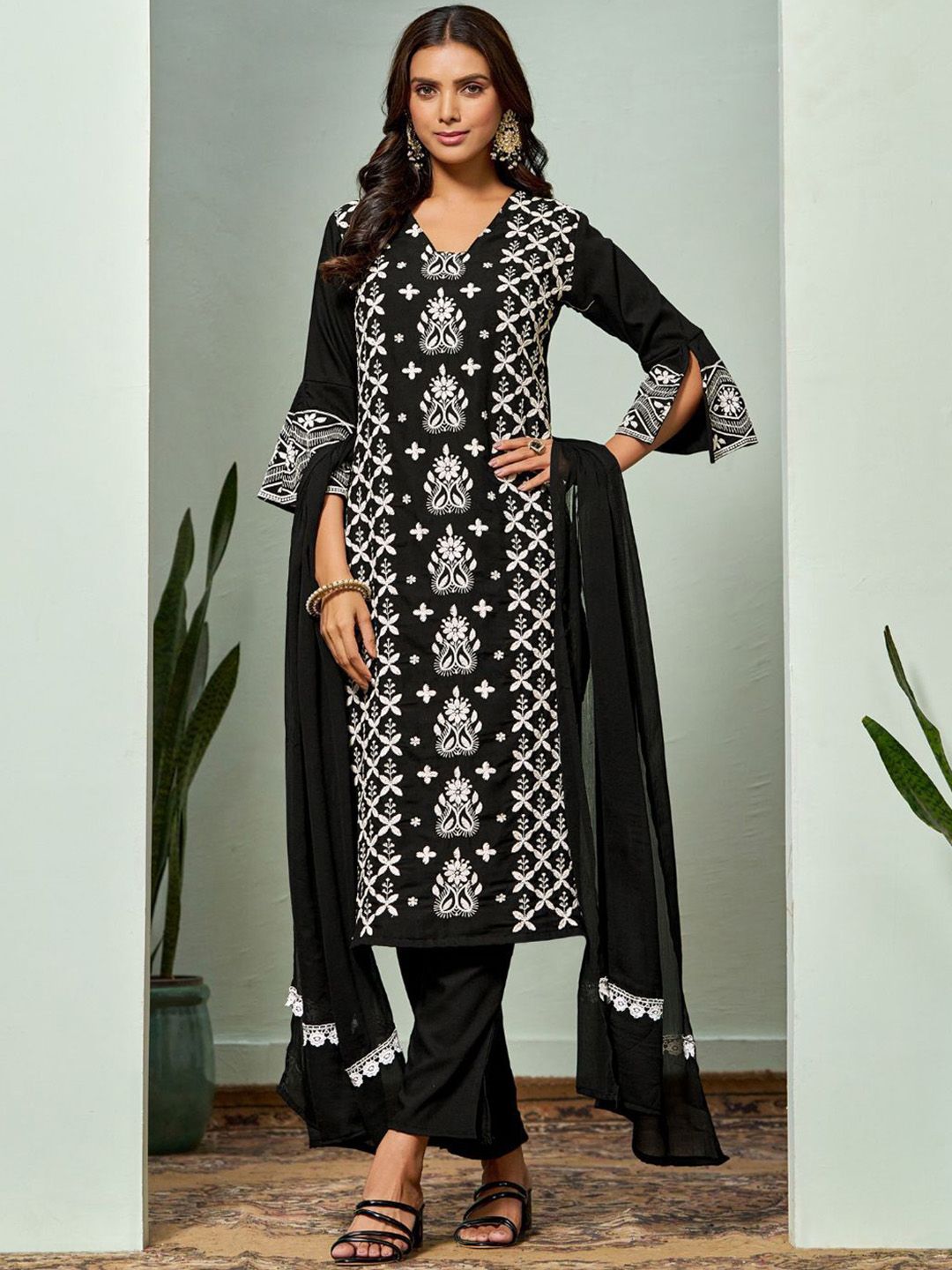 Sangria Chikankari Embroidered Straight Kurta & Trouser With Dupatta | Swadesiicart