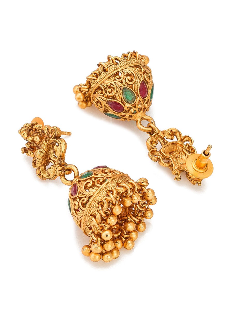 Aadita Gold-Toned Red & Green Stone-Studded Temple Jewelry Set - Swadesiicart