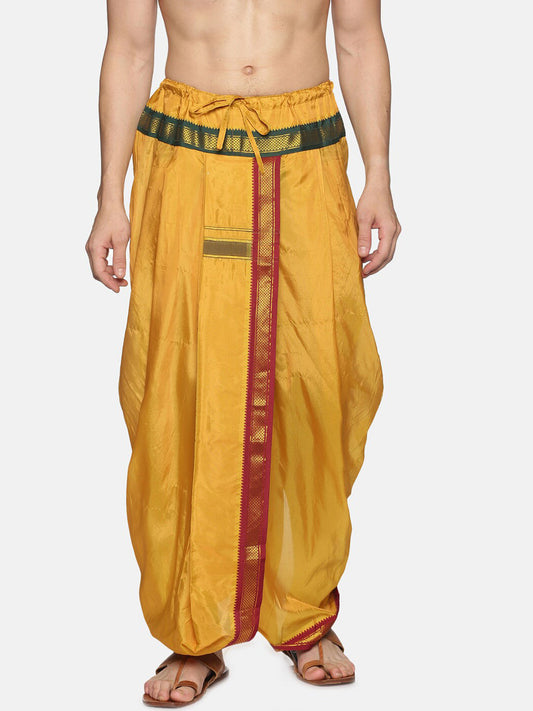 Sethukrishna Men Mustard-Yellow & Red Solid Readymade Dhoti | Swadesiicart