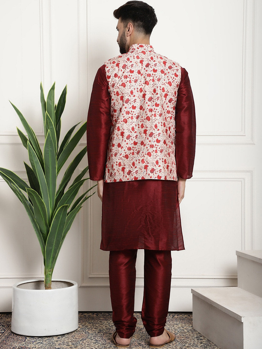 Sojanya Men Maroon & Beige Solid Kurta with Churidar & Printed Nehru Jacket | Swadesiicart