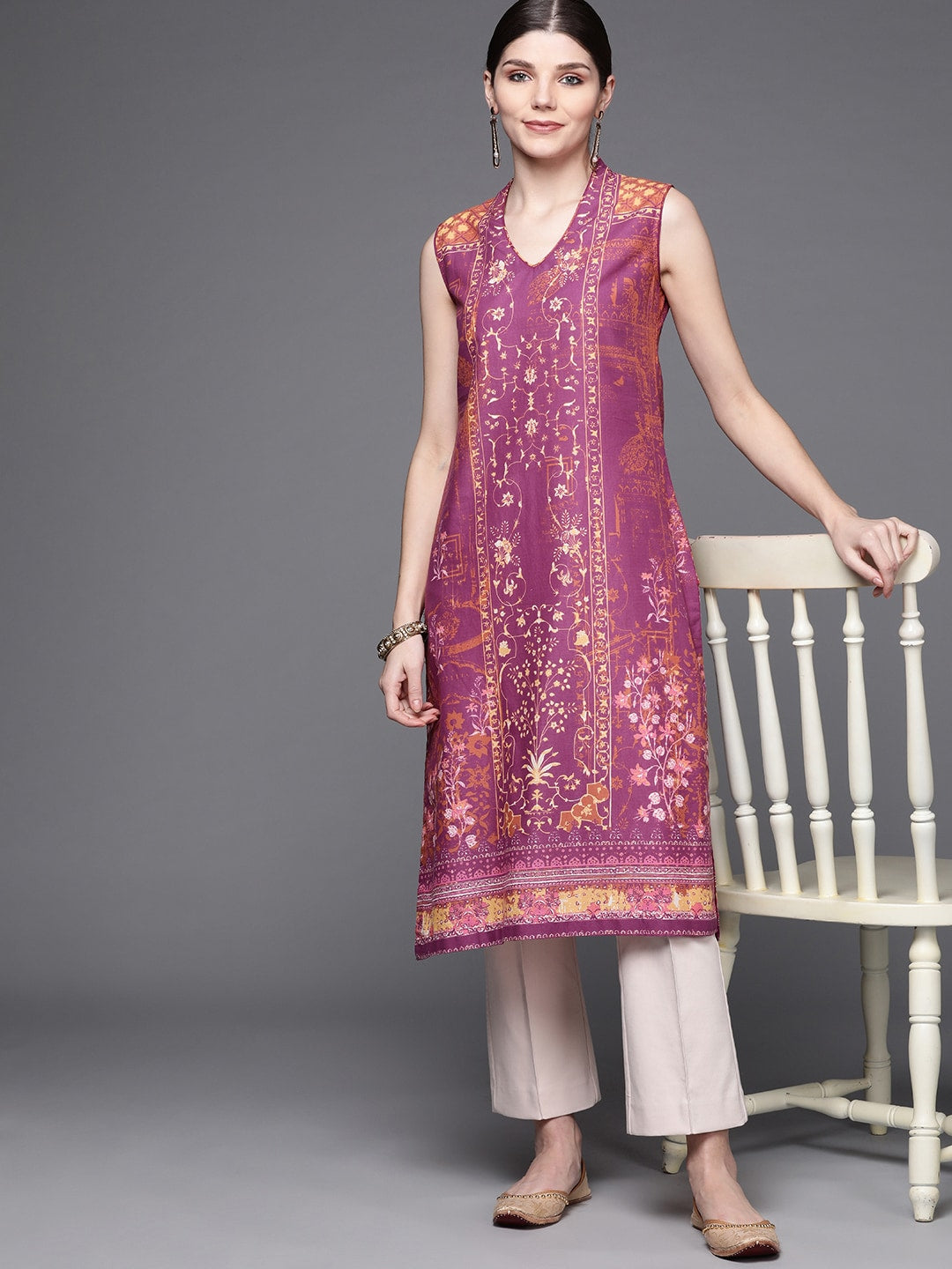 Biba Women Purple & Brown Pure Cotton Ethnic Motifs Printed V-Neck Sleeveless Kurta - Swadesiicart