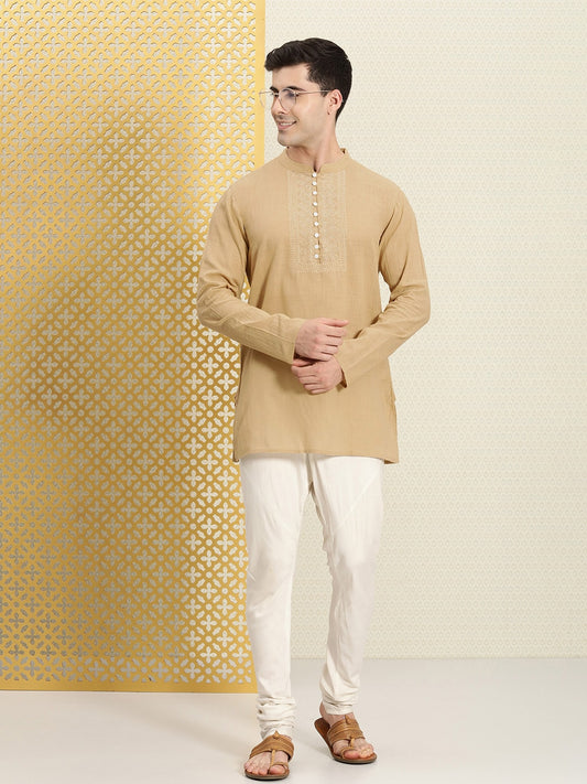 House of Pataudi Men Pure Cotton Solid Chikankari Jashn Short Kurta | Swadesiicart