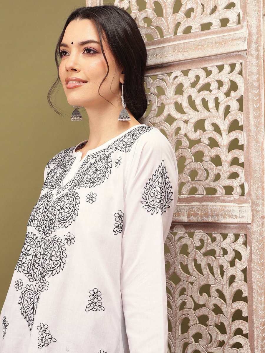 ADA Ethnic Motifs Embroidered Notch Neck Cotton Chikankari Straight Kurta | Swadesiicart
