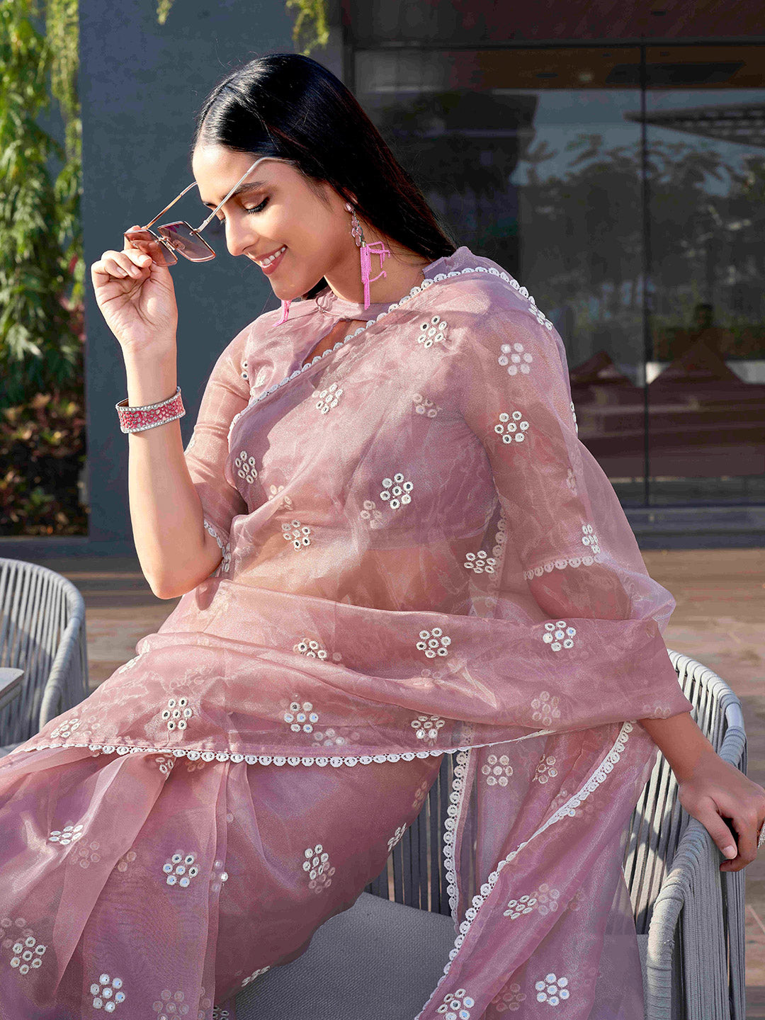 Tikhi Imli Pink Floral Embroidered Mirror Work Organza Saree | Swadesiicart