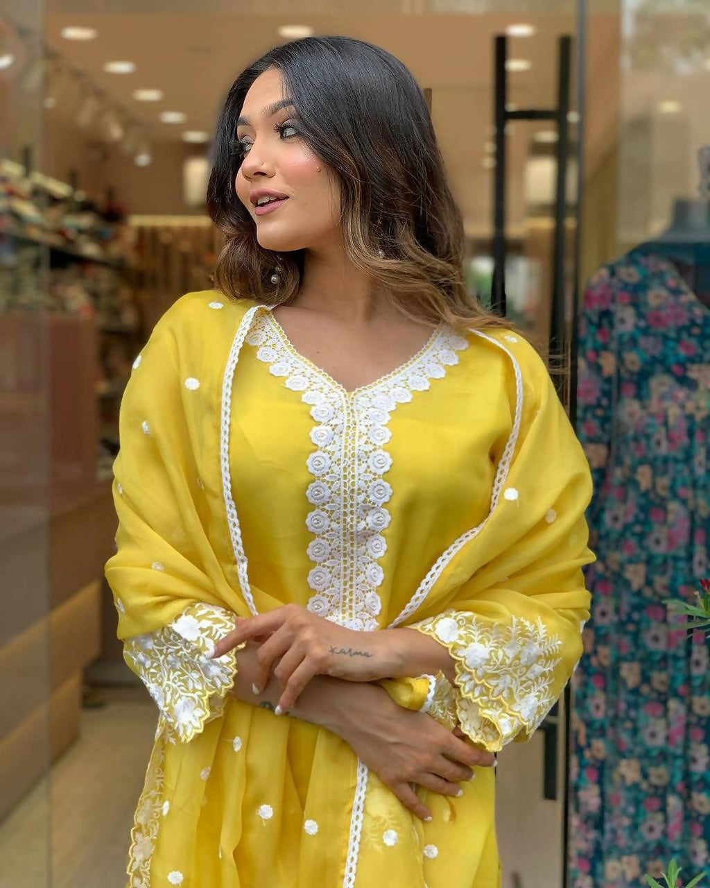 The52 Yellow Women's Gorgeous Embroidered Georgette Fabric Straight Kurta Pant with Dupatta Set - Swadesiicart