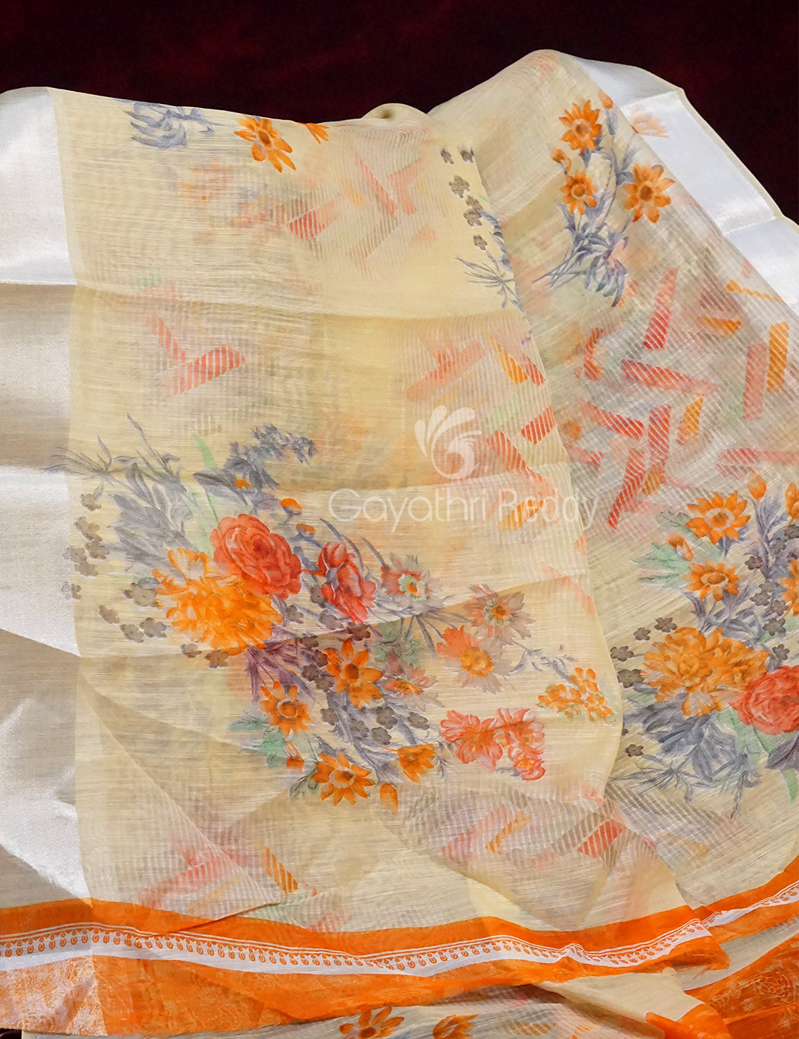 Light Wheat Colour Floral Print Semi Chanderi Saree By Gayathri Reddy Designer Studio | Swadesiicart