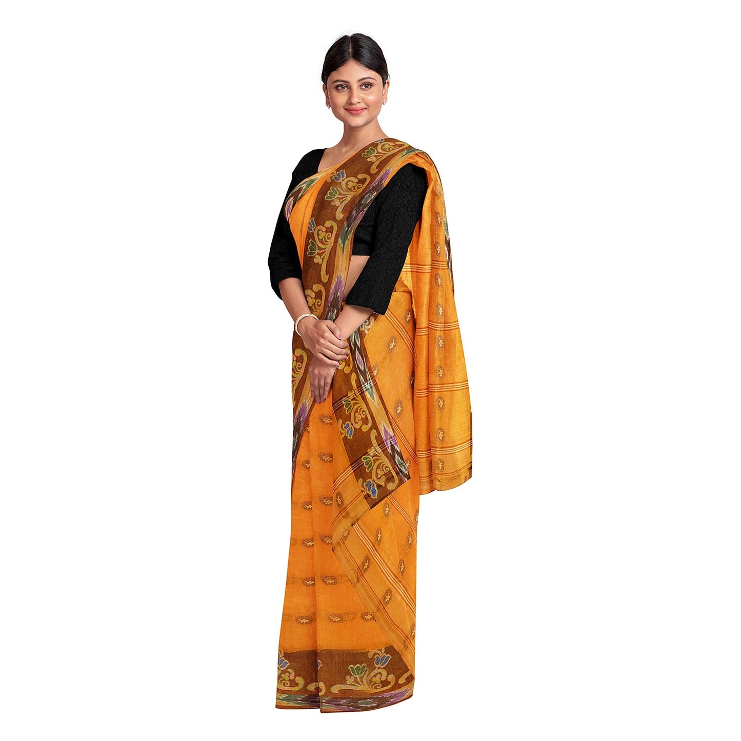 Exclusive Collection 100% Pure Cotton Orange Tant Saree With Hand Weaving Work - Swadesiicart
