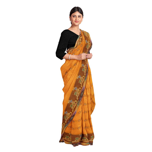 Exclusive Collection 100% Pure Cotton Orange Tant Saree With Hand Weaving Work - Swadesiicart