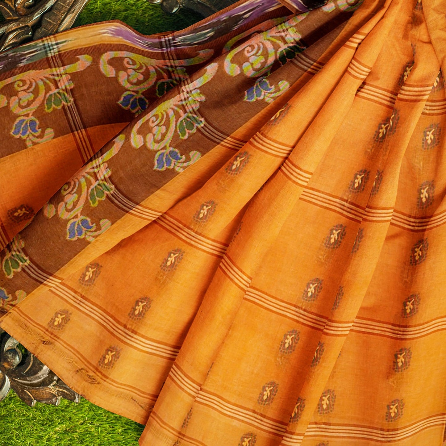 Exclusive Collection 100% Pure Cotton Orange Tant Saree With Hand Weaving Work - Swadesiicart