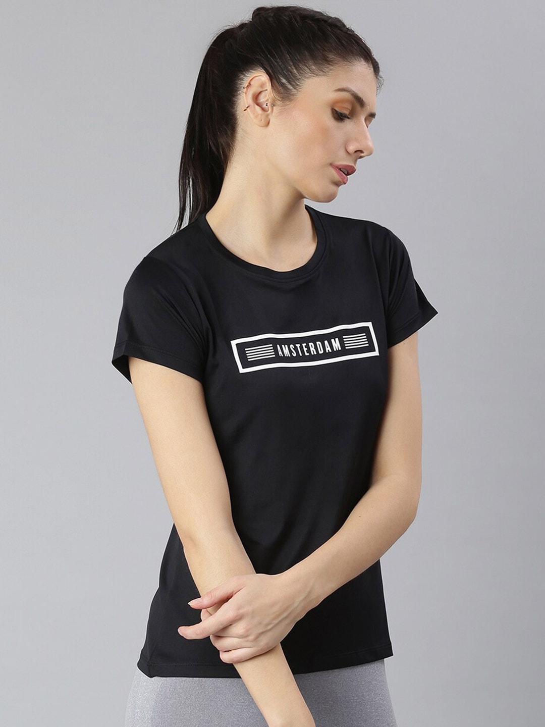 MKH Women Black Typography Printed Round Neck Dri-FIT T-shirt - Swadesiicart
