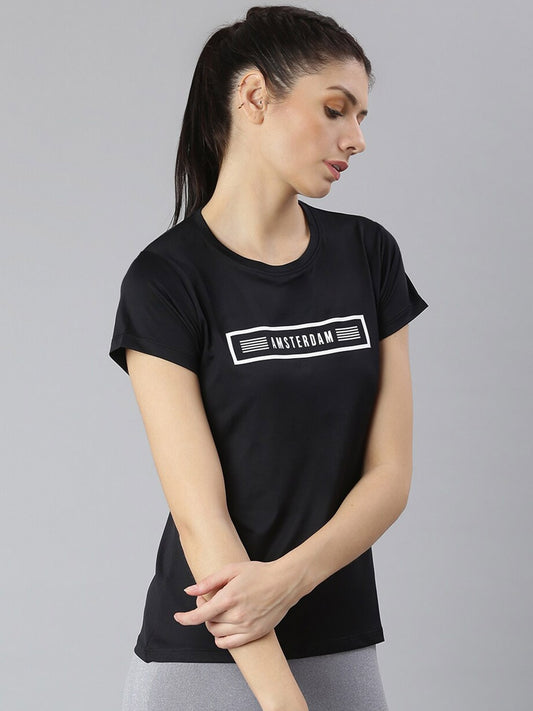 MKH Women Black Typography Printed Round Neck Dri-FIT T-shirt - Swadesiicart
