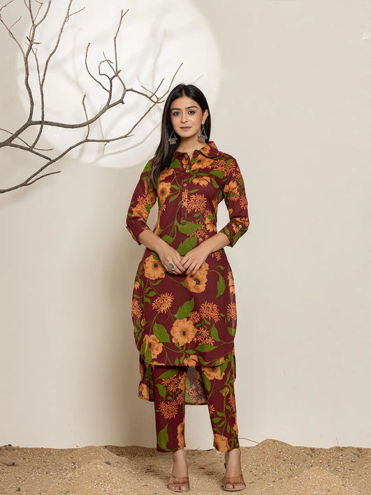 Yufta Maroon Cotton Co-Ord Set - Swadesiicart