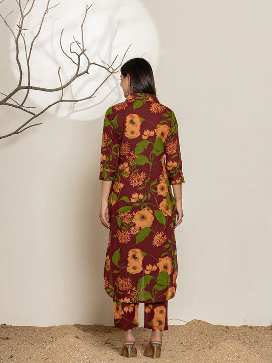 Yufta Maroon Cotton Co-Ord Set - Swadesiicart