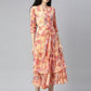 Souchii Peach-Coloured Floral Layered Chiffon Beautiful A-Line Midi Dress - SOUCHII