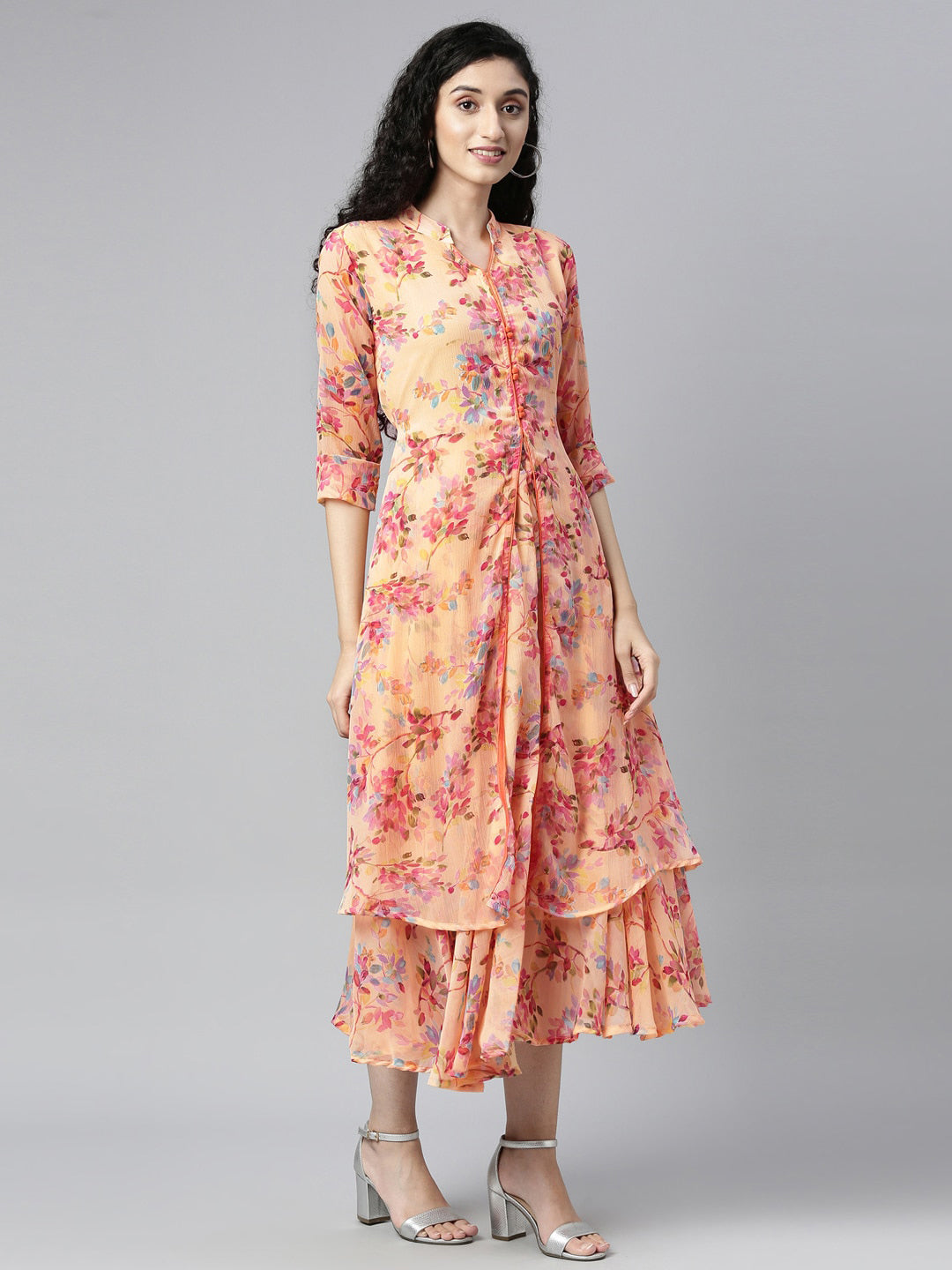 Souchii Peach-Coloured Floral Layered Chiffon Beautiful A-Line Midi Dress - SOUCHII