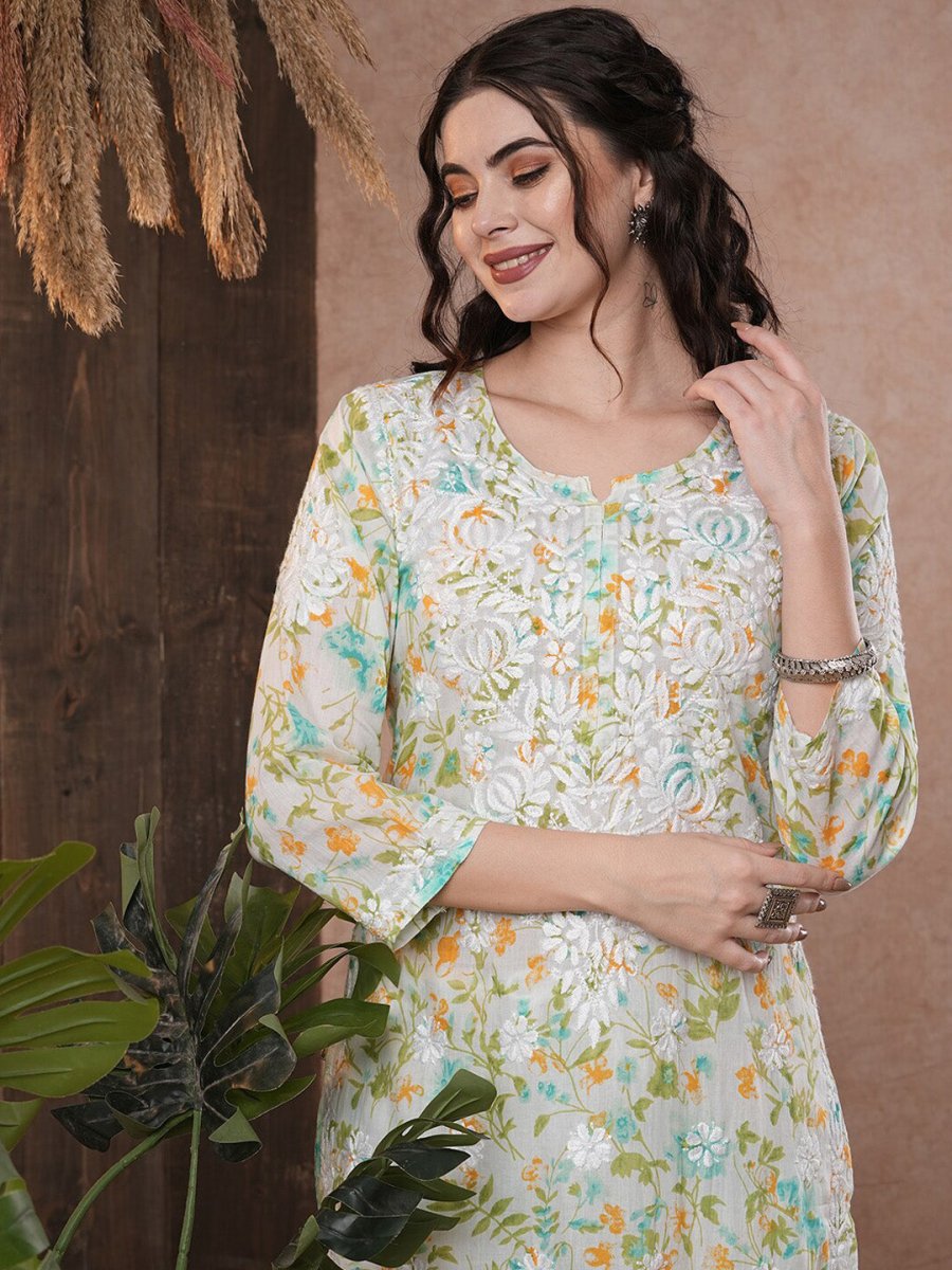 ADA Floral Printed Round Neck Regular Lucknowi Chikankari Kurta with Trousers | Swadesiicart