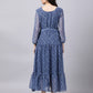 Souchii Blue Ethnic Motifs Printed Chiffon Maxi Tiered Dress - Swadesiicart