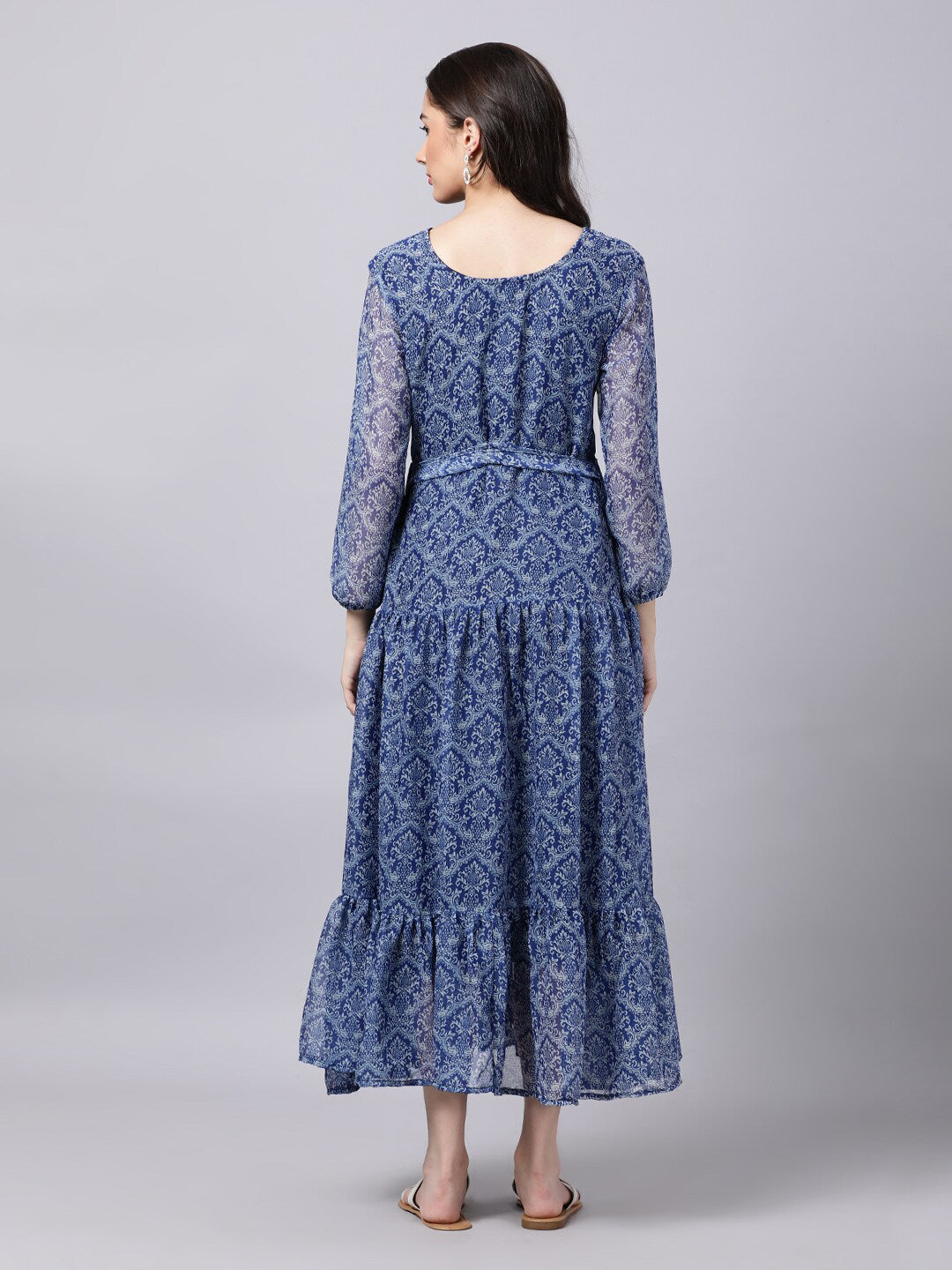 Souchii Blue Ethnic Motifs Printed Chiffon Maxi Tiered Dress - Swadesiicart