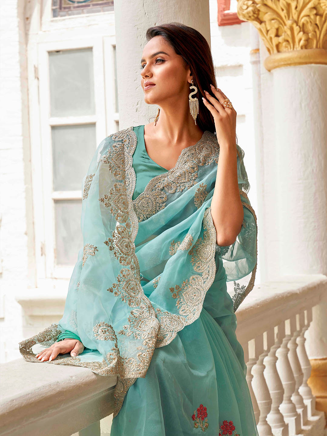 Tikhi Imli Ethnic Motifs Embroidery Organza Heavy Work Saree | Swadesiicart