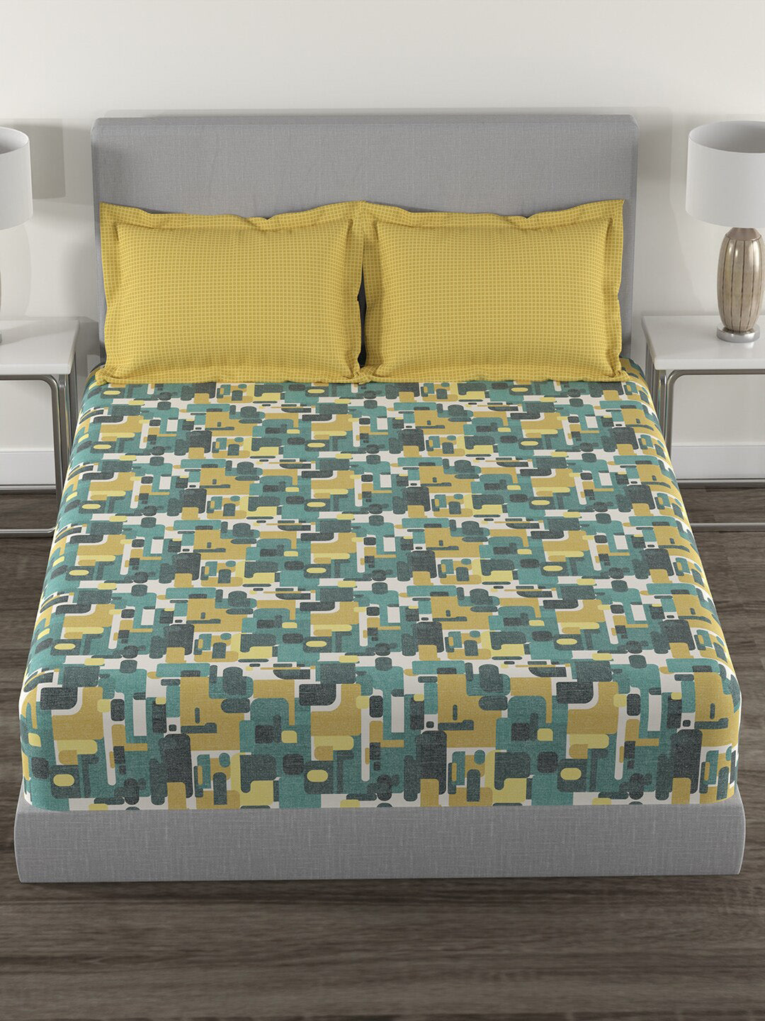 MYTRIDENT Yellow Green Printed Cotton 144 TC Queen Bedsheet With 2 Pillow Covers - Swadesiicart