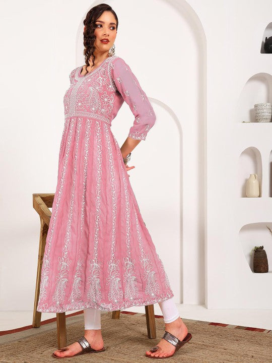 HERE&NOW Women Chikankari Embroidered Thread Work Georgette Anarkali Kurta | Swadesiicart