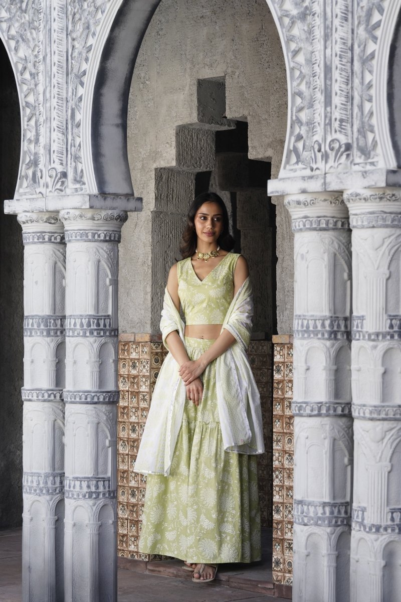Ahalyaa Pure Cotton Green & White Printed Khari Print Ready to Wear Lehenga & Blouse With Dupatta | Swadesiicart