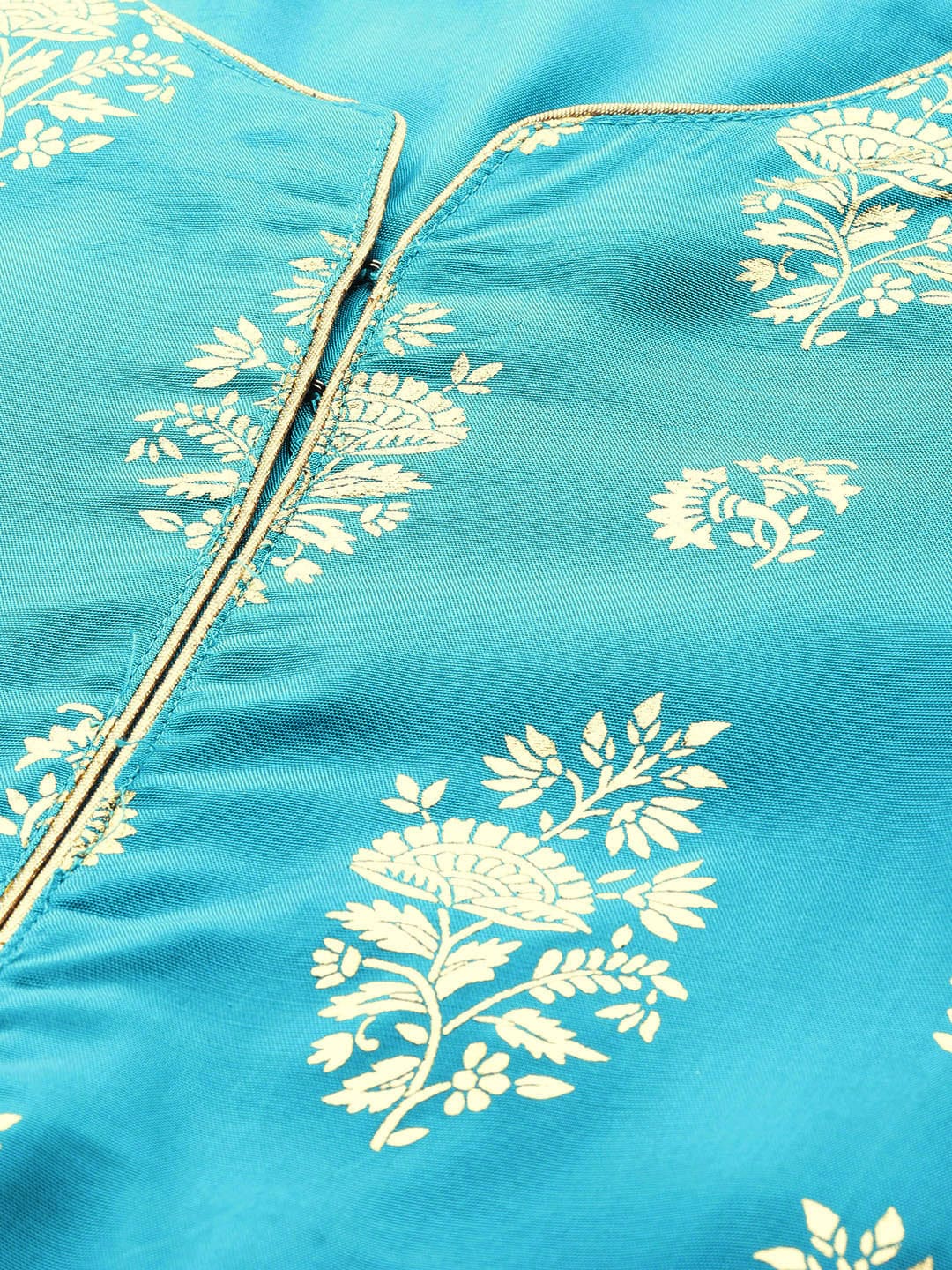 Biba Women Turquoise Blue Ethnic Motifs Foil Printed Keyhole Neck Kurta - Swadesiicart