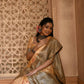Vishnu Weaves Women's Cream Handloom Raw Silk Woven Border Saree with Unstitched Blouse - Swadesiicart