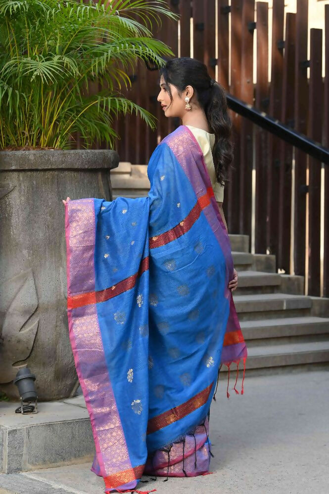 Beatitude Blue Cotton Banarasi Saree | Swadesiicart