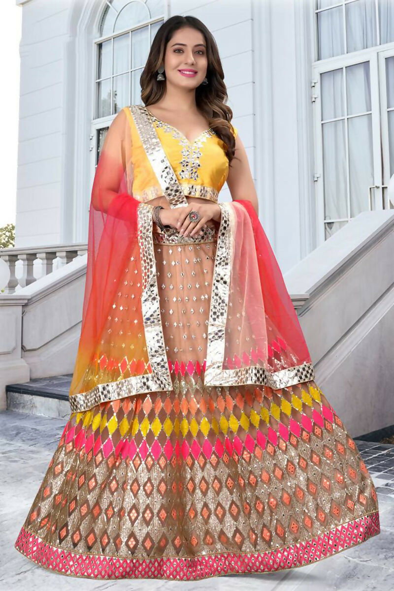 Jyoti Fashion Multicolor Mirror & Sequence Embroidery Butterfly Net Lehenga Choli with Dupatta | Swadesiicart