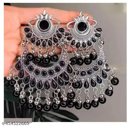 Tehzeeb Creations Women's Oxidised Earrings With Mirror And Black Pearl | Swadesiicart