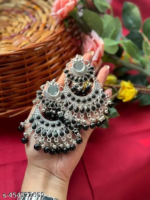 Tehzeeb Creations Women's Oxidised Earrings With Mirror And Black Pearl | Swadesiicart