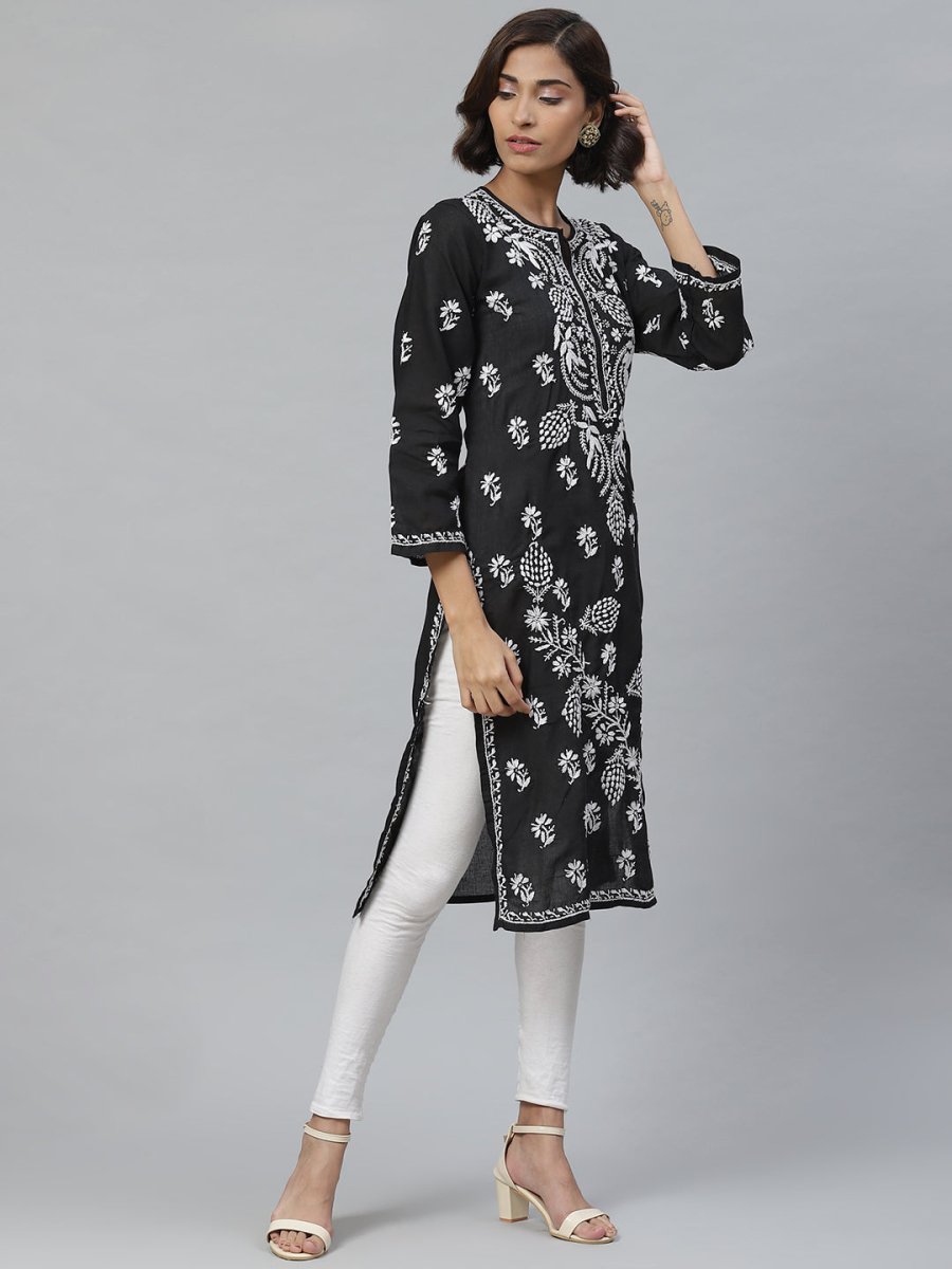 ADA Women Black & White Chikankari Embroidered Straight Sustainable Handloom Kurta | Swadesiicart