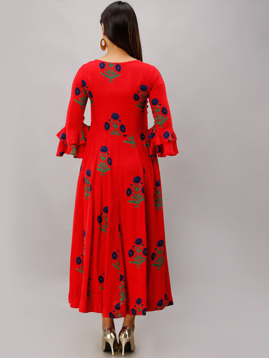 Kalini Women Red Floral Embroidered Flared Sleeves Anarkali Kurta | Swadesiicart
