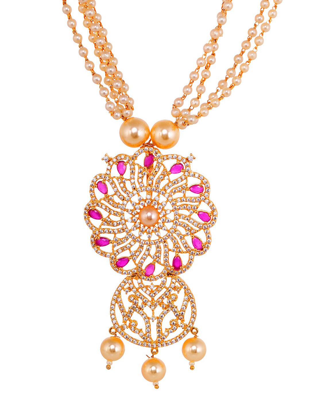 Saraf RS Jewellery Gold-Polished White & Pink American Diamond Studded & Beaded Handcrafted Set - Swadesiicart