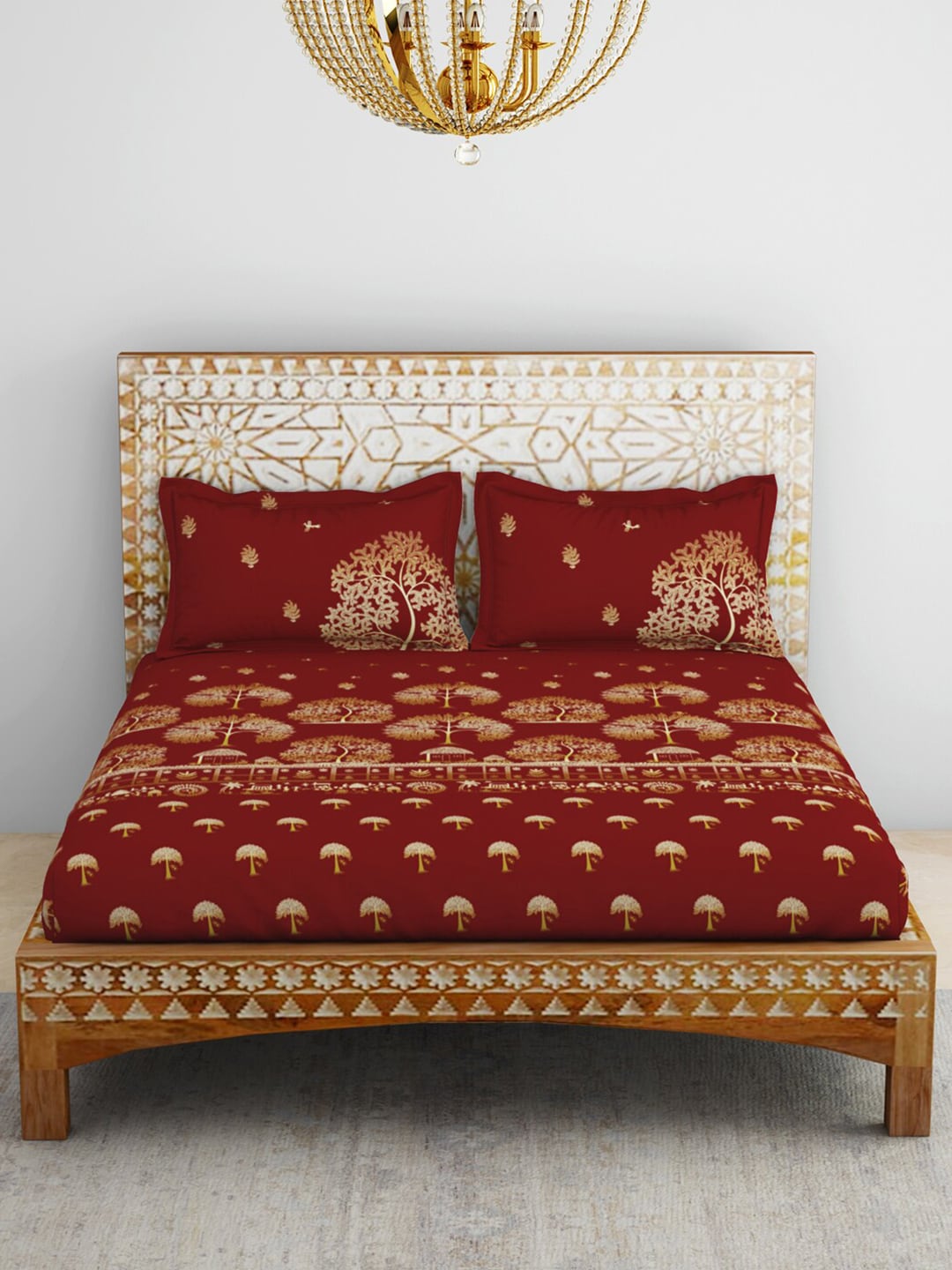 SPACES Red & Yellow Ethnic Motifs Cotton 210 TC King Bedsheet With 2 Pillow Covers - Swadesiicart