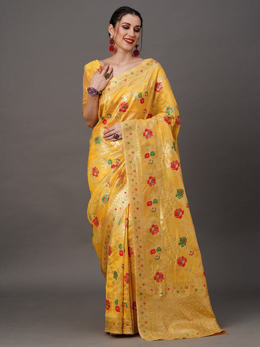 Mitera Floral Organza Banarasi Zari Saree With Blouse Piece | Swadesiicart