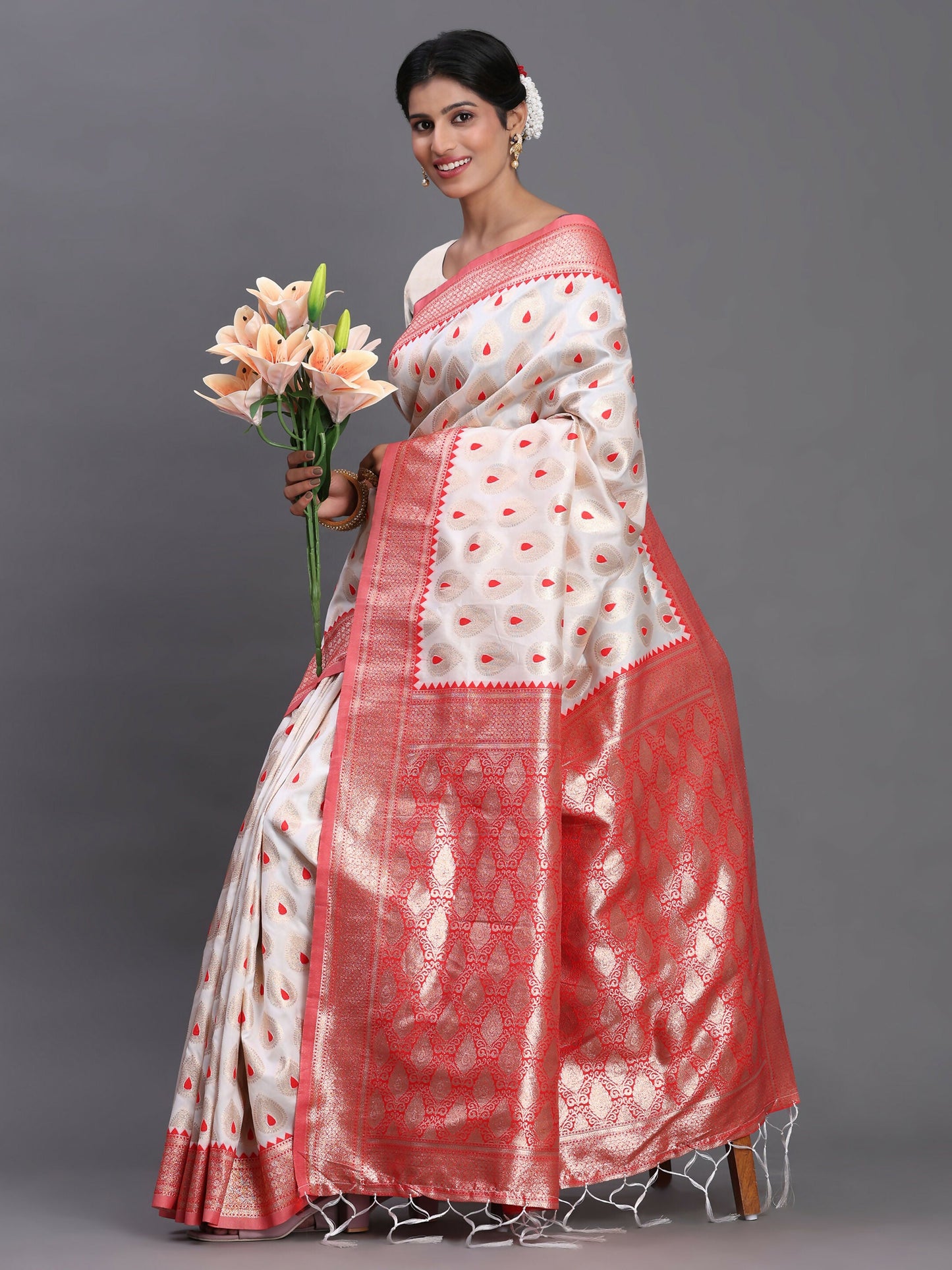 Astita Banarasi Silk Red & White Saree | Swadesiicart