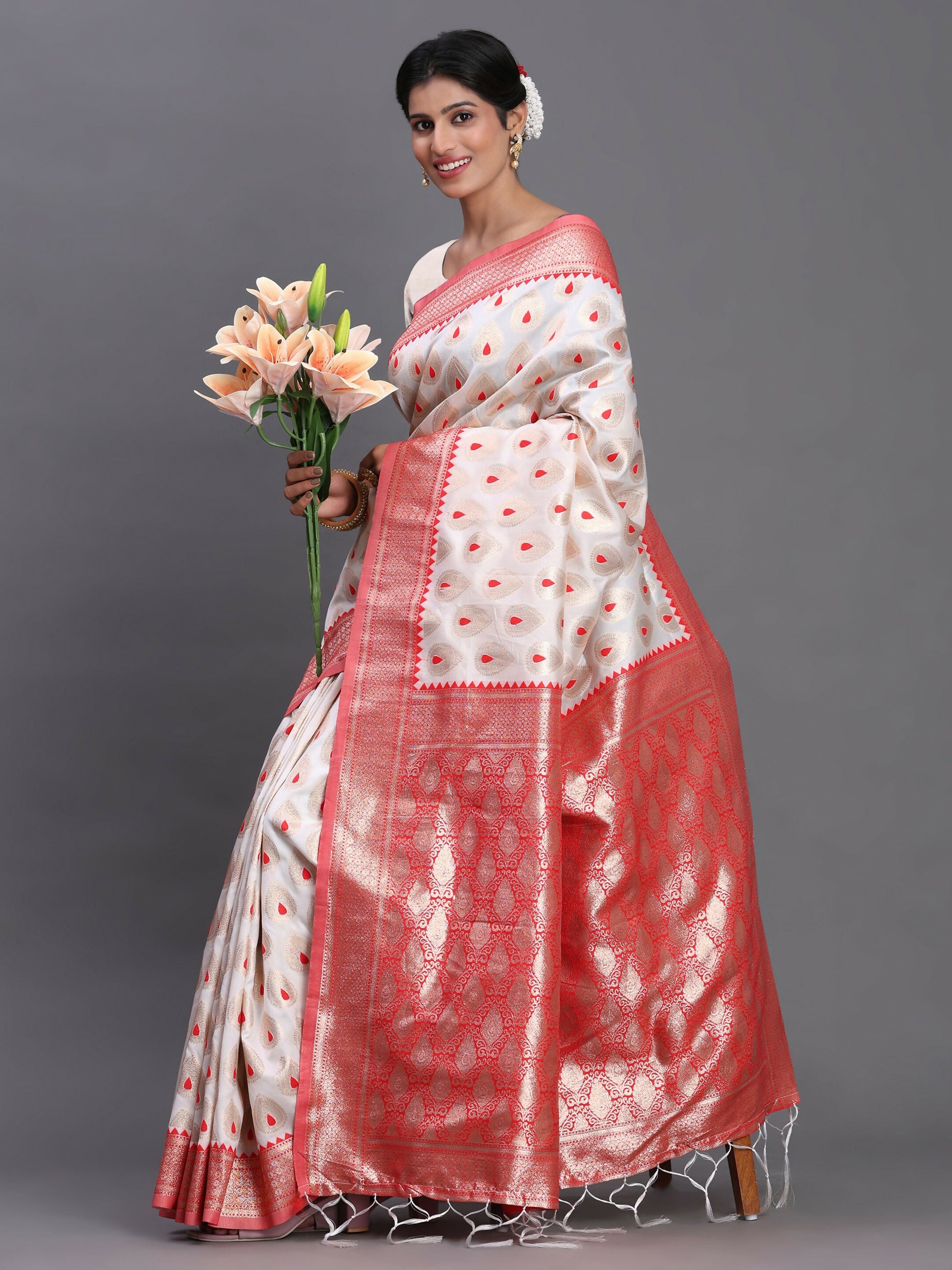 Astita Banarasi Silk Red & White Saree | Swadesiicart