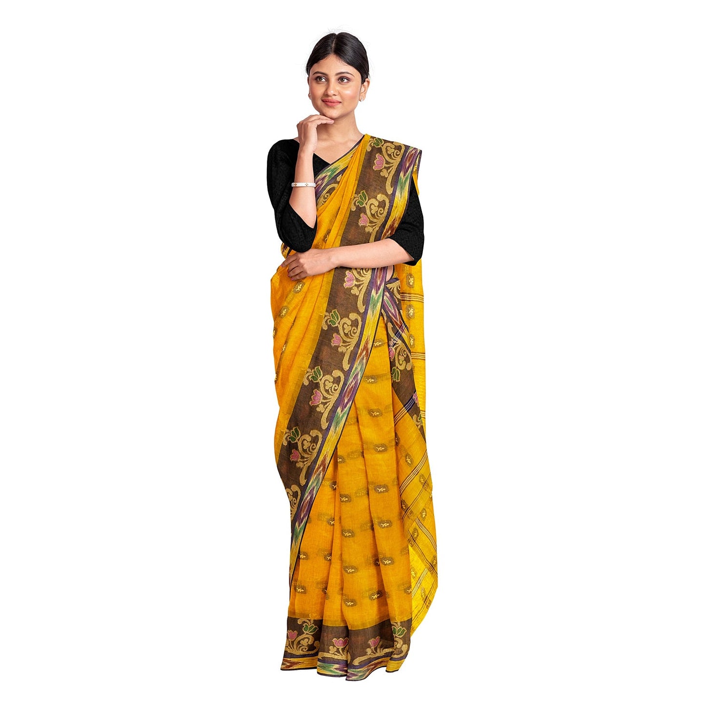 Exclusive Collection 100% Pure Cotton Golden Yellow Tant Saree With Hand Weaving Work - Swadesiicart