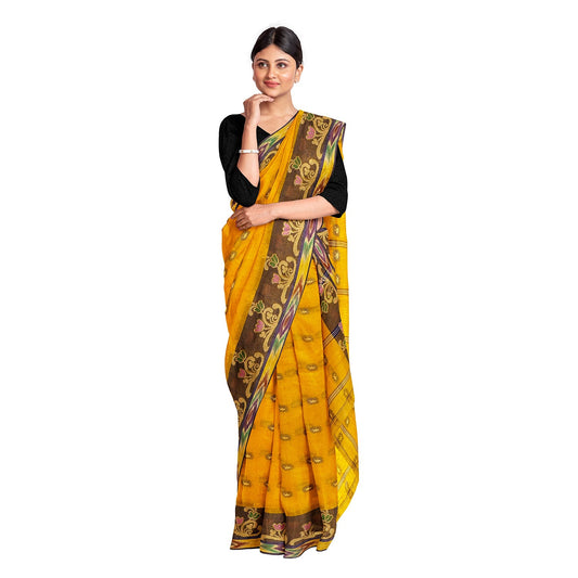 Exclusive Collection 100% Pure Cotton Golden Yellow Tant Saree With Hand Weaving Work - Swadesiicart