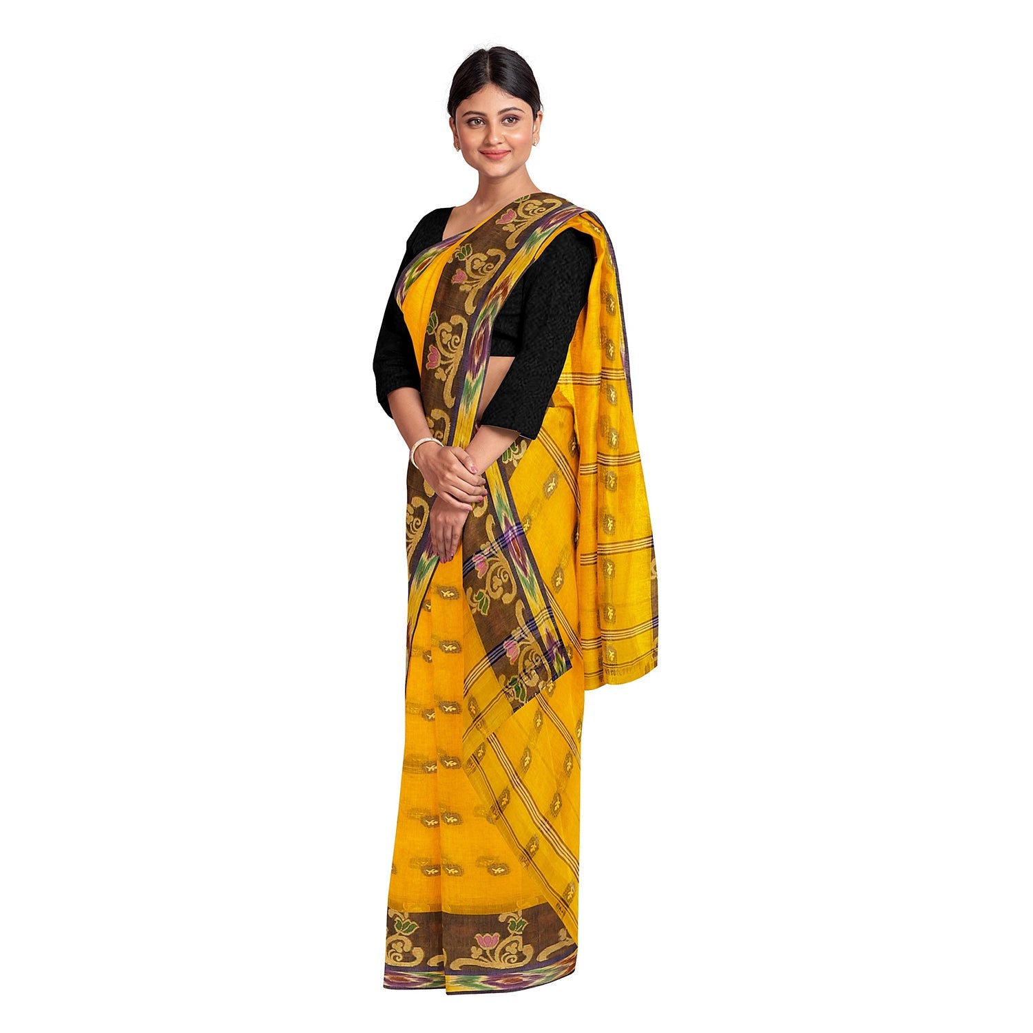 Exclusive Collection 100% Pure Cotton Golden Yellow Tant Saree With Hand Weaving Work - Swadesiicart
