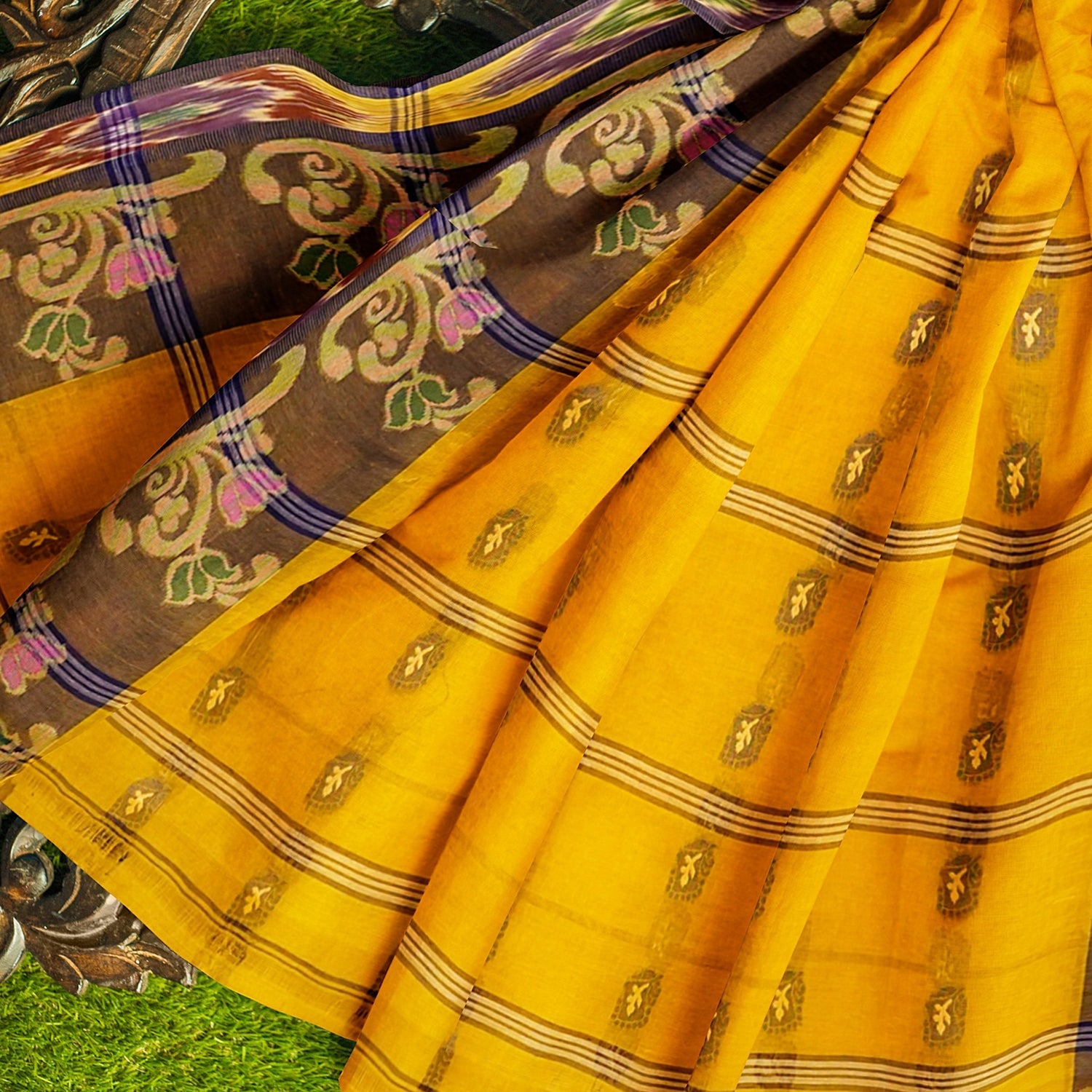 Exclusive Collection 100% Pure Cotton Golden Yellow Tant Saree With Hand Weaving Work - Swadesiicart