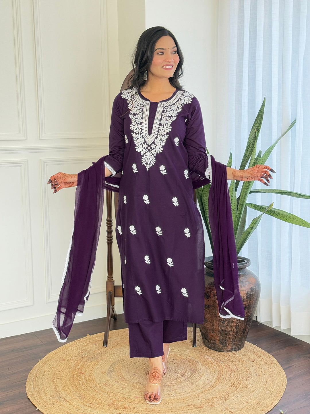 The52 Chikankari Work with Pure Cotton Fabric Straight Kurta, Pant and Dupatta Set | Swadesiicart