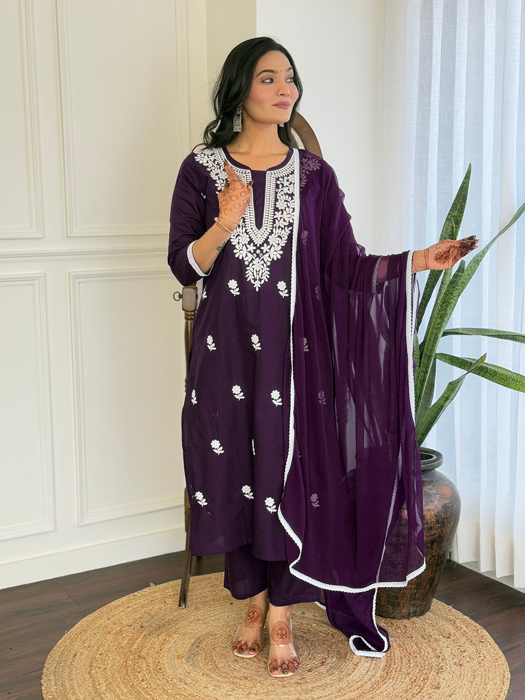 The52 Chikankari Work with Pure Cotton Fabric Straight Kurta, Pant and Dupatta Set | Swadesiicart
